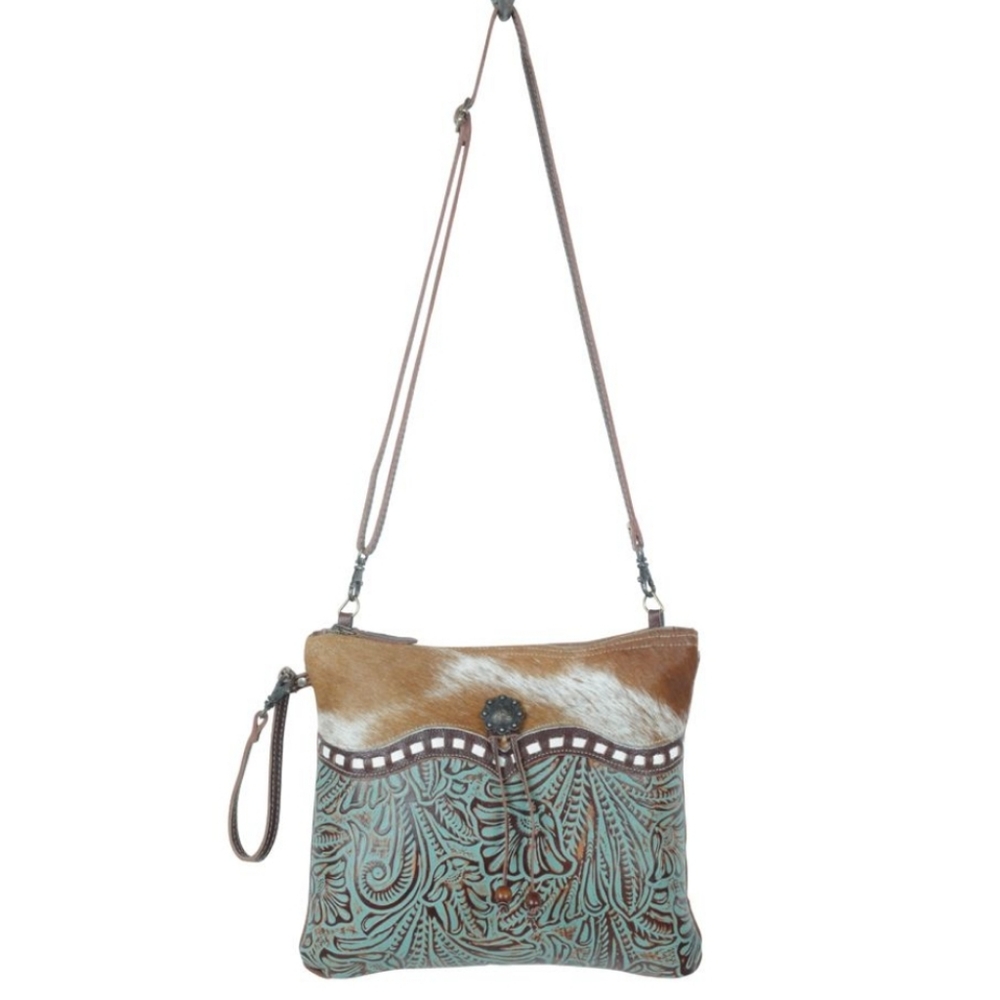 Myra Bag Brown Hair-on Cowhide and Turquoise Tooled Leather Shoulder Bag